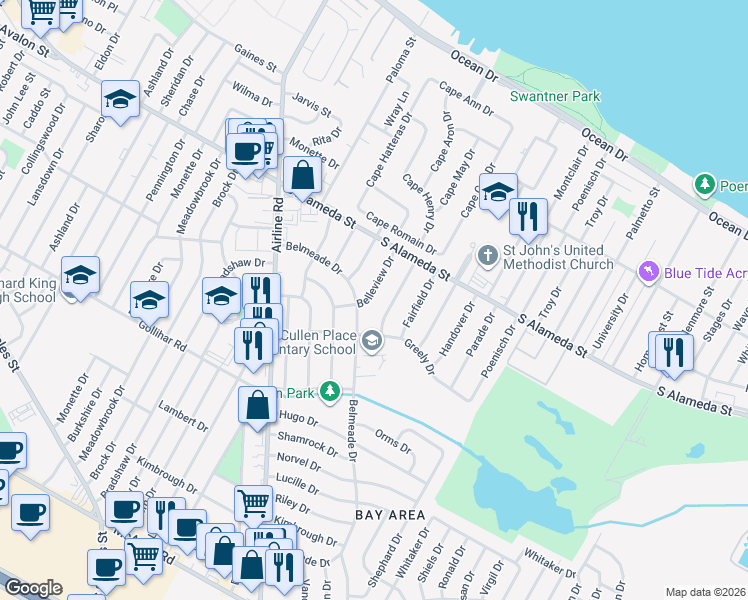 map of restaurants, bars, coffee shops, grocery stores, and more near 537 Belleview Drive in Corpus Christi