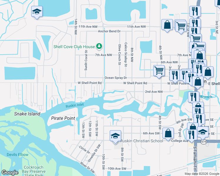 map of restaurants, bars, coffee shops, grocery stores, and more near 813 2nd Avenue Northwest in Ruskin