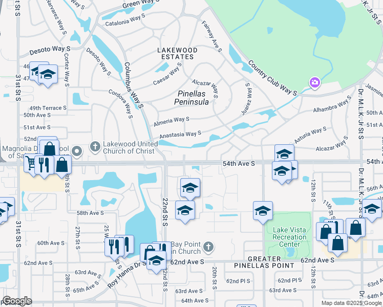 map of restaurants, bars, coffee shops, grocery stores, and more near 1960 Lakewood Club Drive South in St. Petersburg