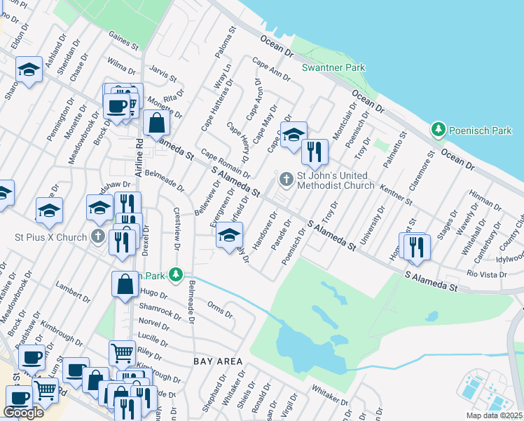 map of restaurants, bars, coffee shops, grocery stores, and more near 509 Greenway Drive in Corpus Christi