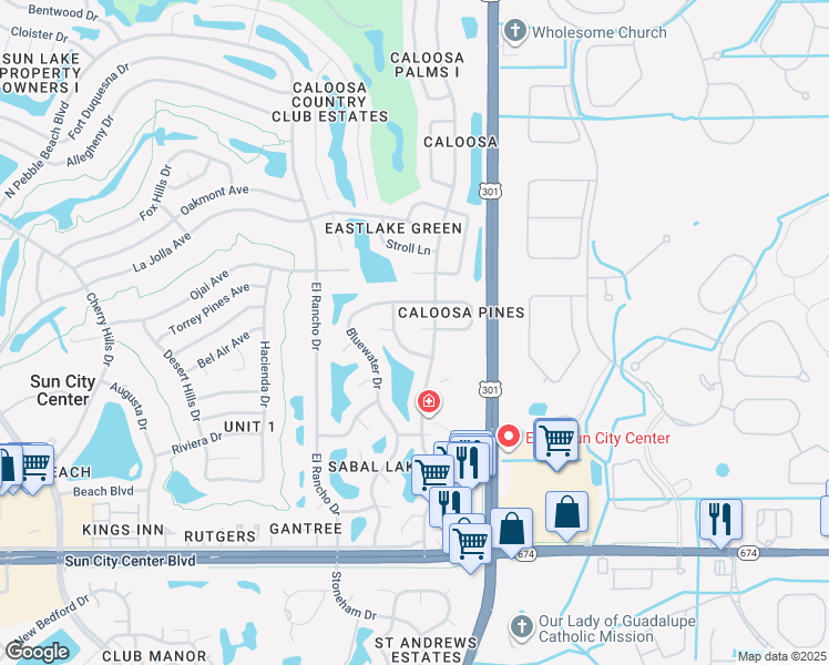 map of restaurants, bars, coffee shops, grocery stores, and more near 302 Hickory Stick Court in Sun City Center