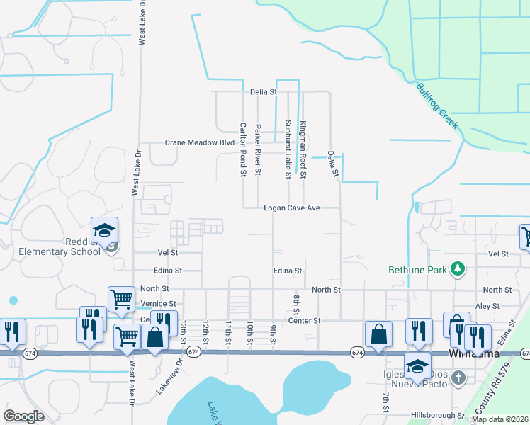 map of restaurants, bars, coffee shops, grocery stores, and more near 101 9th Street in Wimauma