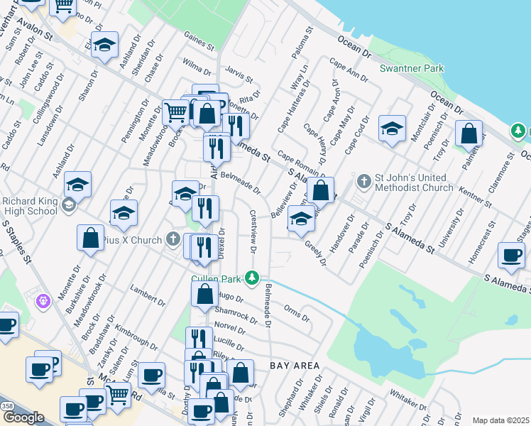 map of restaurants, bars, coffee shops, grocery stores, and more near 741 Belmeade Drive in Corpus Christi
