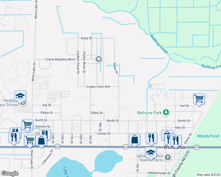 map of restaurants, bars, coffee shops, grocery stores, and more near 101 Delia Street in Wimauma