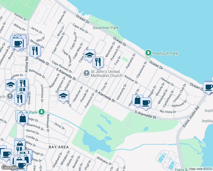 map of restaurants, bars, coffee shops, grocery stores, and more near 441 Troy Drive in Corpus Christi