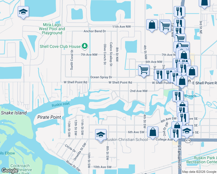 map of restaurants, bars, coffee shops, grocery stores, and more near 805 2nd Avenue Northwest in Ruskin