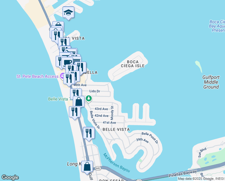 map of restaurants, bars, coffee shops, grocery stores, and more near 4539 Plaza Way in St. Pete Beach