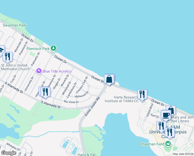 map of restaurants, bars, coffee shops, grocery stores, and more near 6032 Ocean Drive in Corpus Christi