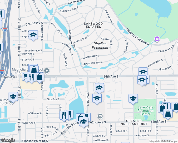 map of restaurants, bars, coffee shops, grocery stores, and more near 2188 Corinne Court South in St. Petersburg