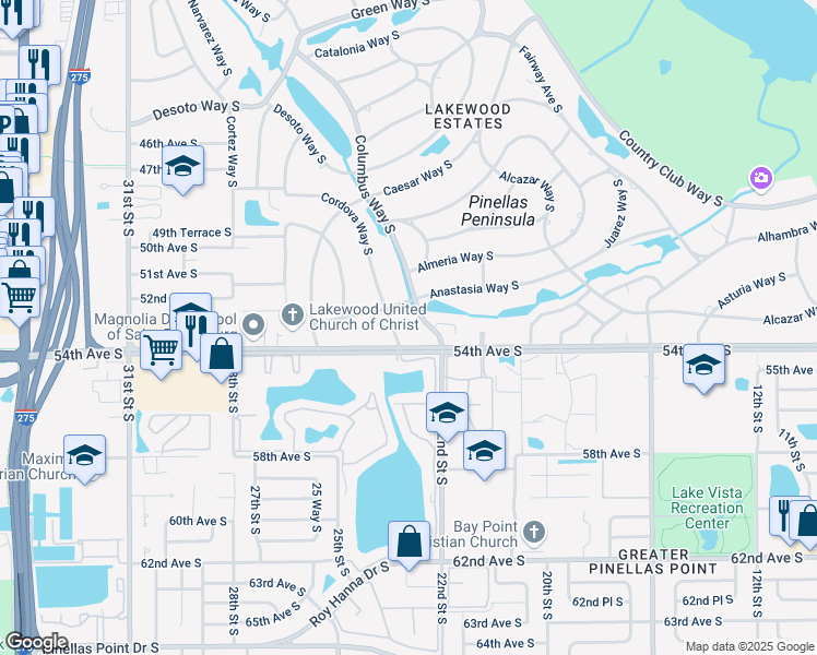 map of restaurants, bars, coffee shops, grocery stores, and more near 5323 Columbus Way South in St. Petersburg