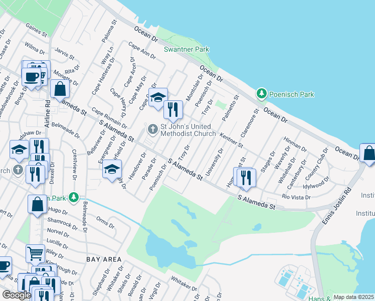 map of restaurants, bars, coffee shops, grocery stores, and more near 441 Troy Drive in Corpus Christi