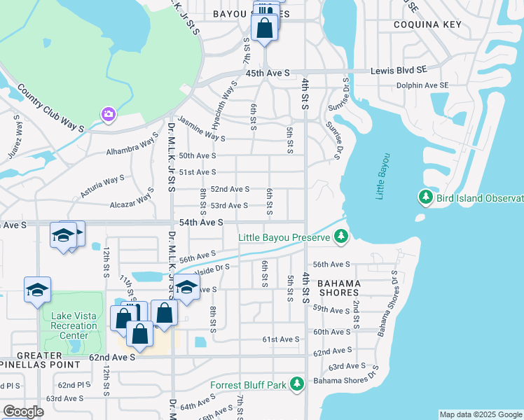 map of restaurants, bars, coffee shops, grocery stores, and more near 620 53rd Avenue South in St. Petersburg
