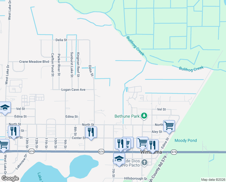 map of restaurants, bars, coffee shops, grocery stores, and more near 5741 Newmauma Park Drive in Wimauma