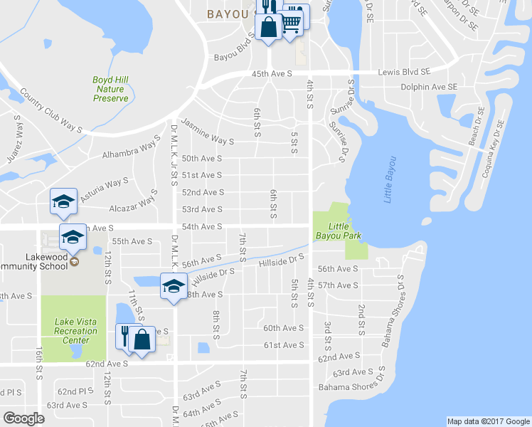 map of restaurants, bars, coffee shops, grocery stores, and more near 620 53rd Avenue South in St. Petersburg