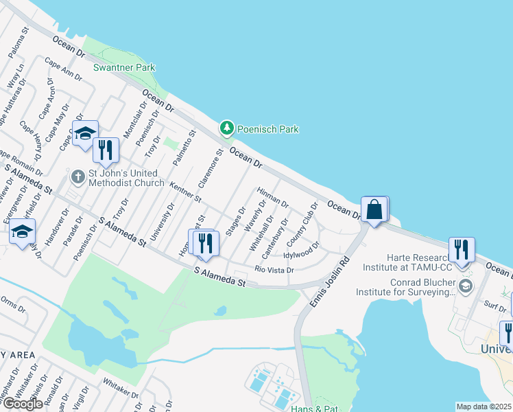 map of restaurants, bars, coffee shops, grocery stores, and more near 309 Waverly Drive in Corpus Christi