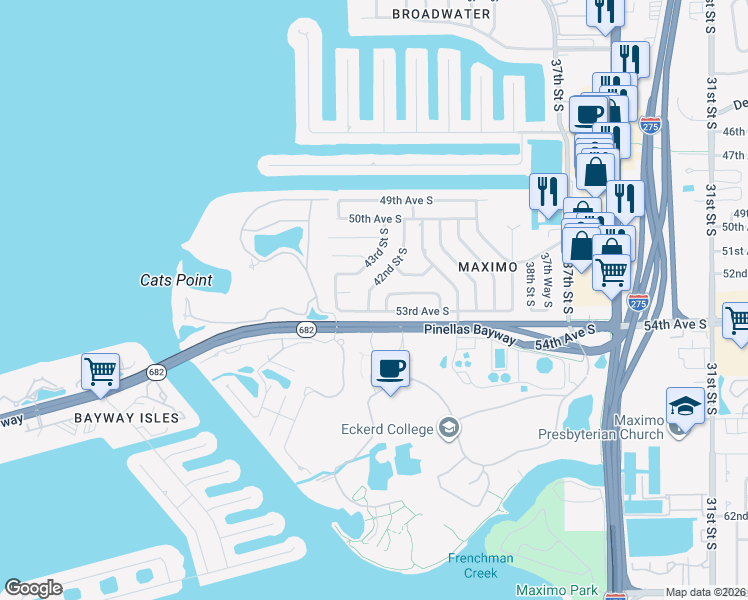 map of restaurants, bars, coffee shops, grocery stores, and more near 4175 53rd Avenue South in St. Petersburg