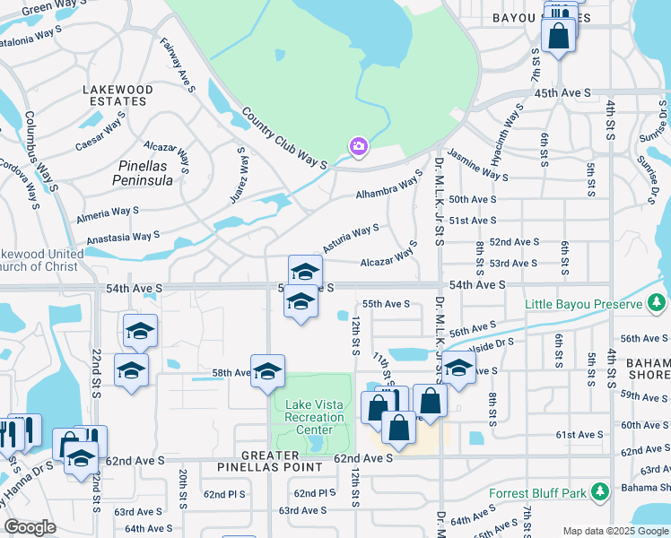 map of restaurants, bars, coffee shops, grocery stores, and more near 1220 Alcazar Way South in Saint Petersburg
