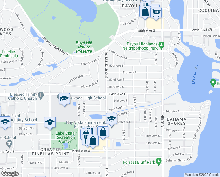 map of restaurants, bars, coffee shops, grocery stores, and more near 866 53rd Avenue South in Saint Petersburg