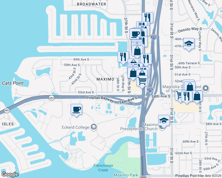 map of restaurants, bars, coffee shops, grocery stores, and more near 5299 39th Street South in St. Petersburg