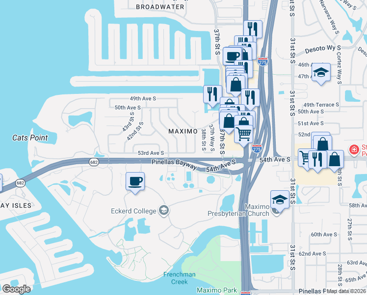 map of restaurants, bars, coffee shops, grocery stores, and more near 5299 39th Street South in St. Petersburg