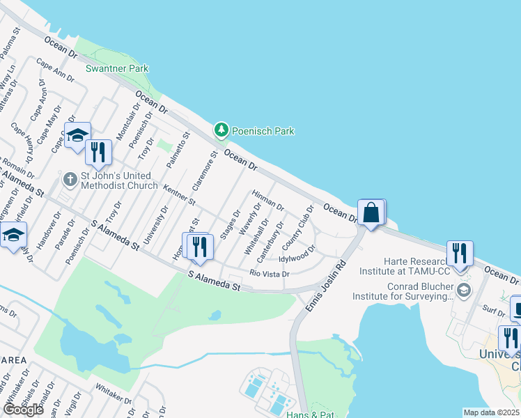 map of restaurants, bars, coffee shops, grocery stores, and more near 309 Waverly Drive in Corpus Christi