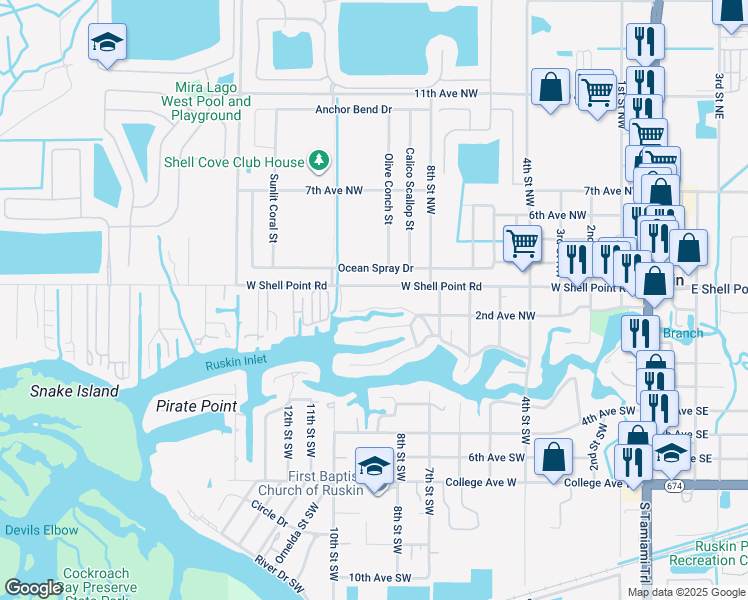 map of restaurants, bars, coffee shops, grocery stores, and more near 813 2nd Avenue Northwest in Ruskin