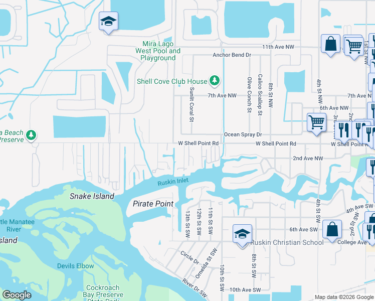 map of restaurants, bars, coffee shops, grocery stores, and more near 225 13th Street Northwest in Ruskin