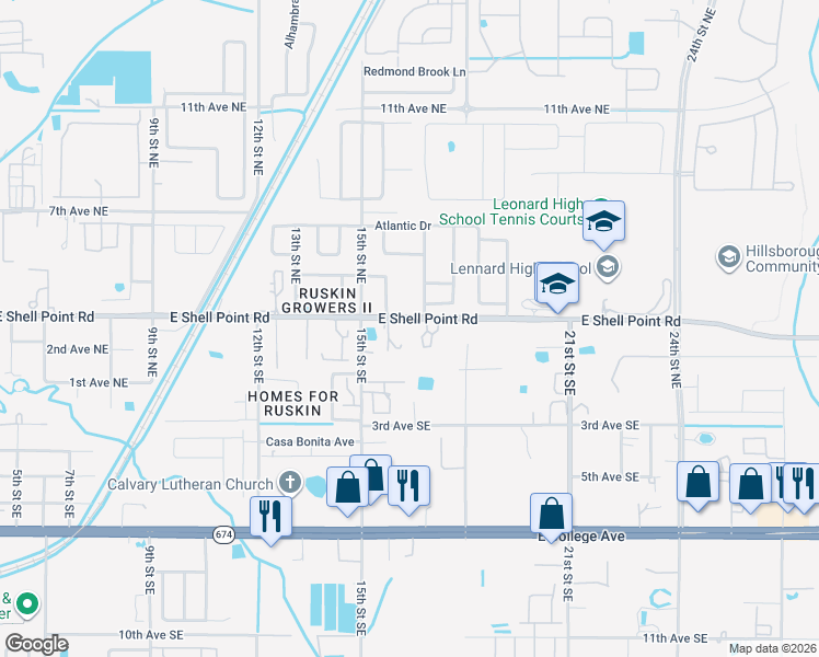 map of restaurants, bars, coffee shops, grocery stores, and more near 1611 East Shell Point Road in Ruskin