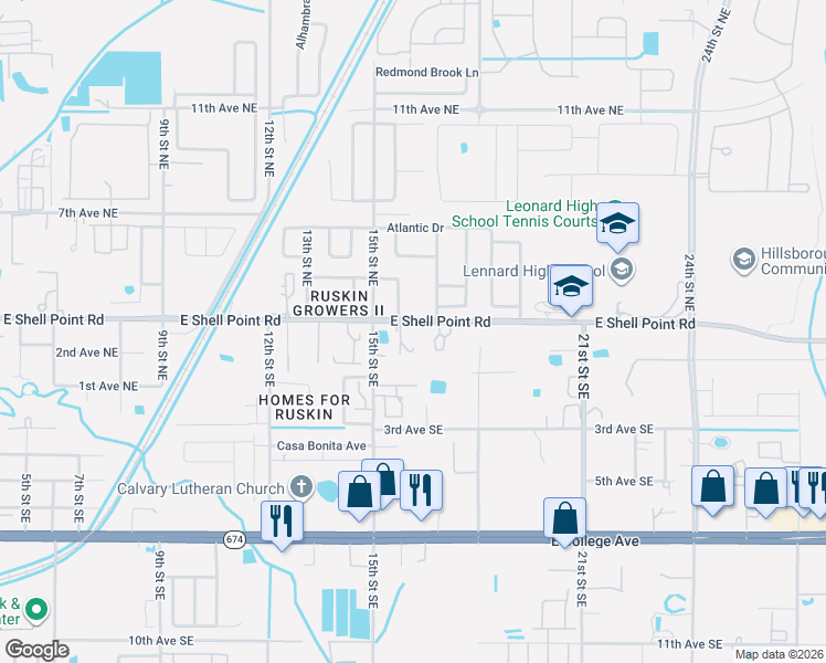 map of restaurants, bars, coffee shops, grocery stores, and more near 1603 E Shell Point Rd in Ruskin