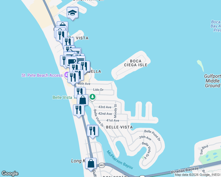 map of restaurants, bars, coffee shops, grocery stores, and more near 4550 Plaza Way in St. Pete Beach