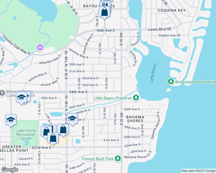 map of restaurants, bars, coffee shops, grocery stores, and more near 5310 6th Street South in Saint Petersburg