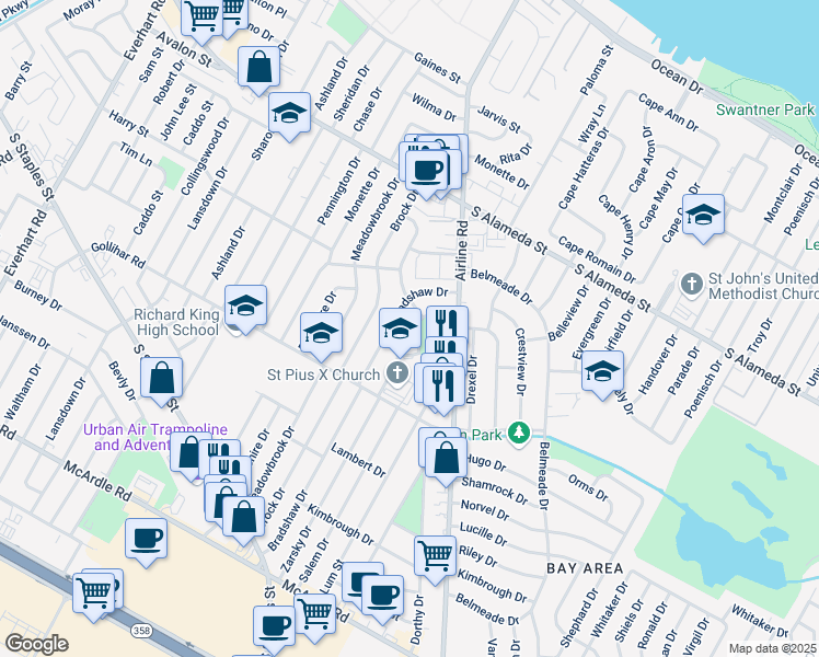 map of restaurants, bars, coffee shops, grocery stores, and more near 710 St Pius Dr in Corpus Christi