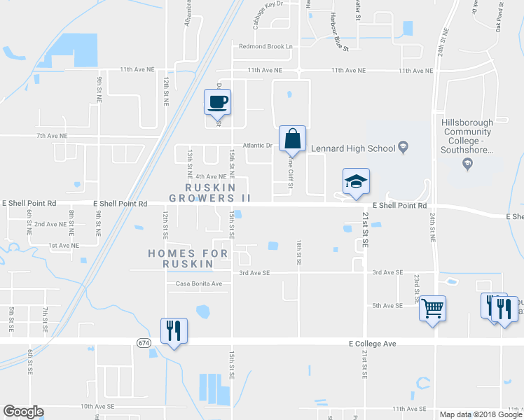 map of restaurants, bars, coffee shops, grocery stores, and more near 1611 East Shell Point Road in Ruskin