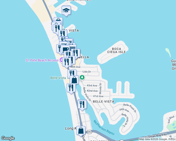 map of restaurants, bars, coffee shops, grocery stores, and more near 197 Lido Drive in St. Pete Beach