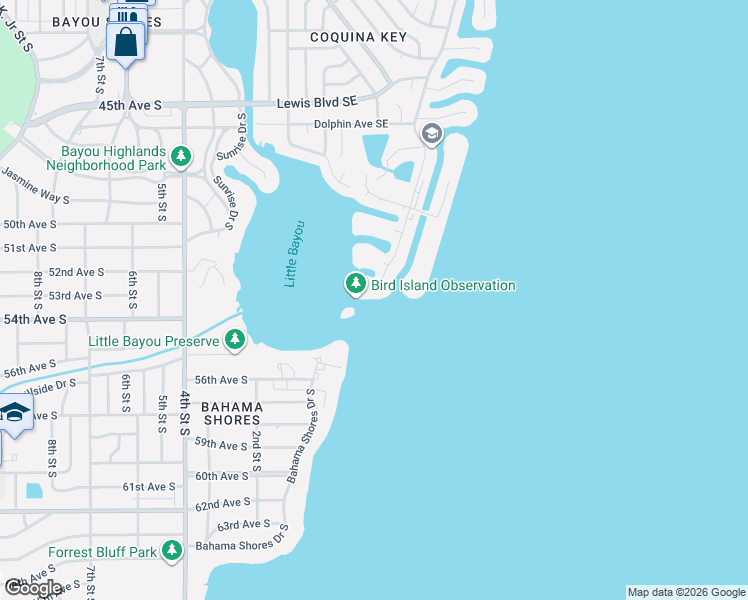 map of restaurants, bars, coffee shops, grocery stores, and more near 5266 Beach Drive Southeast in St. Petersburg
