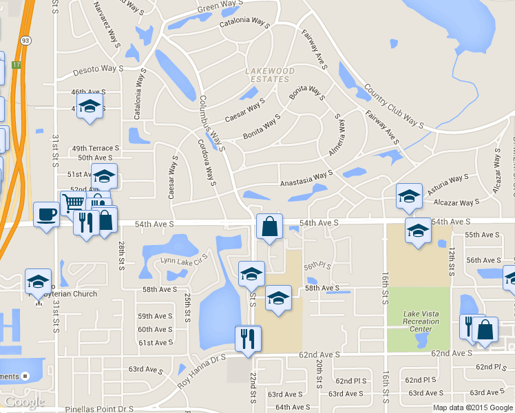 map of restaurants, bars, coffee shops, grocery stores, and more near 2132 Lakewood Club Drive South in St. Petersburg