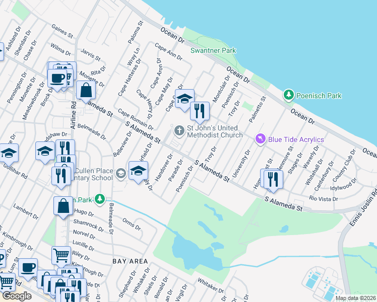 map of restaurants, bars, coffee shops, grocery stores, and more near 458 Poenisch Drive in Corpus Christi