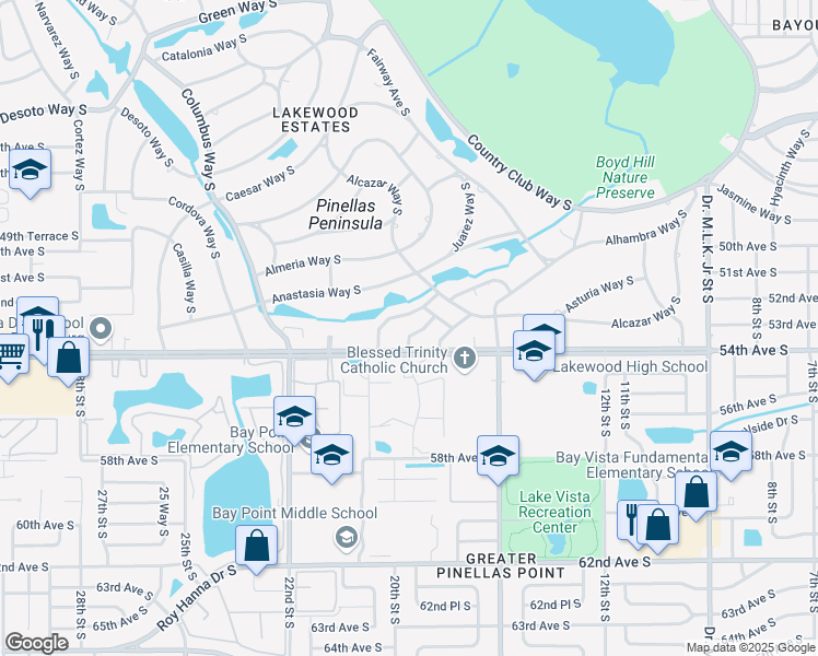 map of restaurants, bars, coffee shops, grocery stores, and more near 5347 Alcola Way South in St. Petersburg