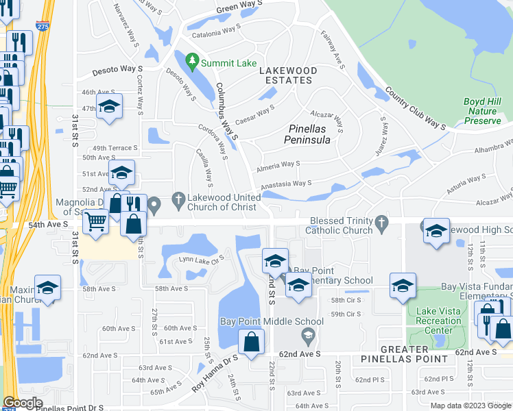 map of restaurants, bars, coffee shops, grocery stores, and more near 5323 Columbus Way South in St. Petersburg