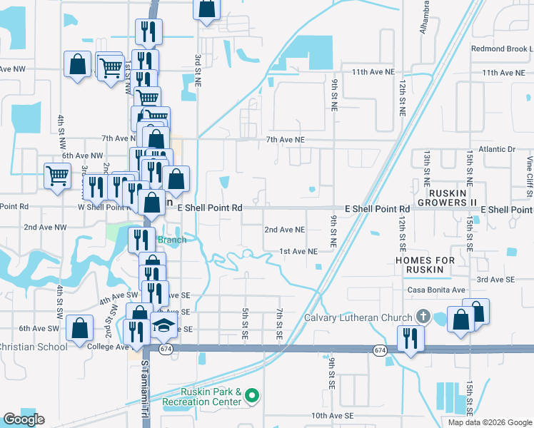 map of restaurants, bars, coffee shops, grocery stores, and more near 213 6th Street Northeast in Ruskin