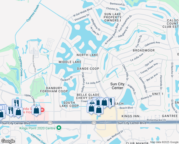 map of restaurants, bars, coffee shops, grocery stores, and more near 1513 Danbury Drive in Sun City Center