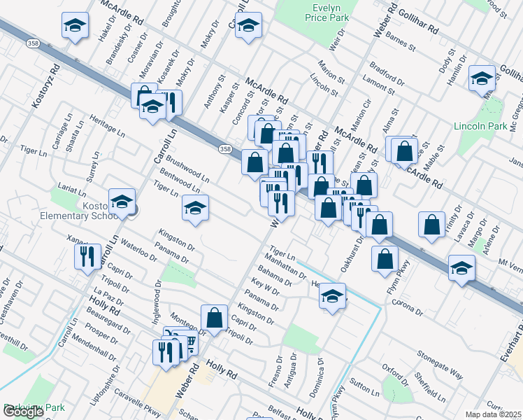 map of restaurants, bars, coffee shops, grocery stores, and more near 3934b Brushwood Lane in Corpus Christi