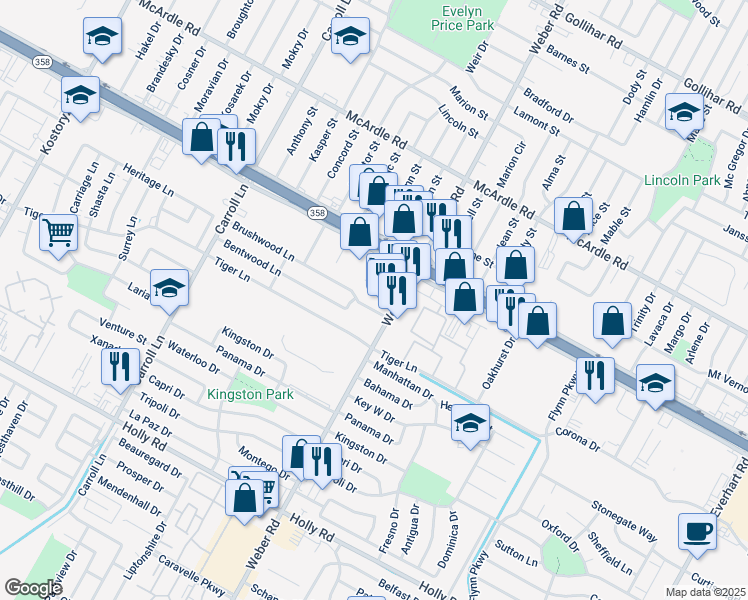 map of restaurants, bars, coffee shops, grocery stores, and more near 3934b Brushwood Lane in Corpus Christi