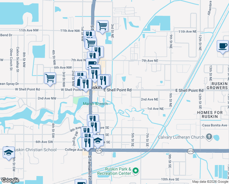 map of restaurants, bars, coffee shops, grocery stores, and more near 103 2nd Street Southeast in Ruskin