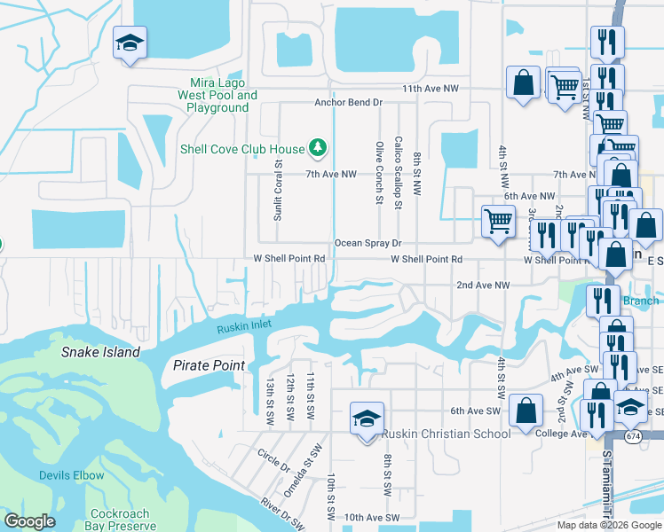map of restaurants, bars, coffee shops, grocery stores, and more near 1106 West Shell Point Road in Ruskin