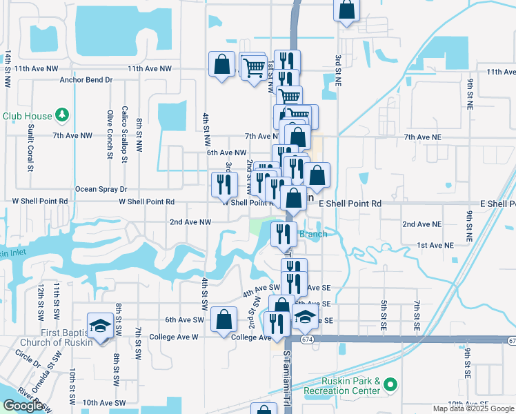 map of restaurants, bars, coffee shops, grocery stores, and more near 103 1st Avenue Northwest in Ruskin