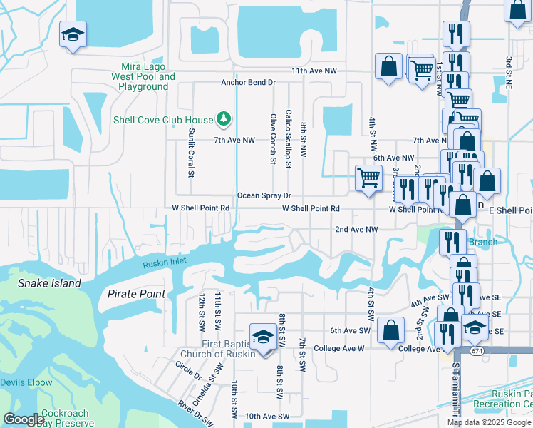 map of restaurants, bars, coffee shops, grocery stores, and more near 813 2nd Avenue Northwest in Ruskin