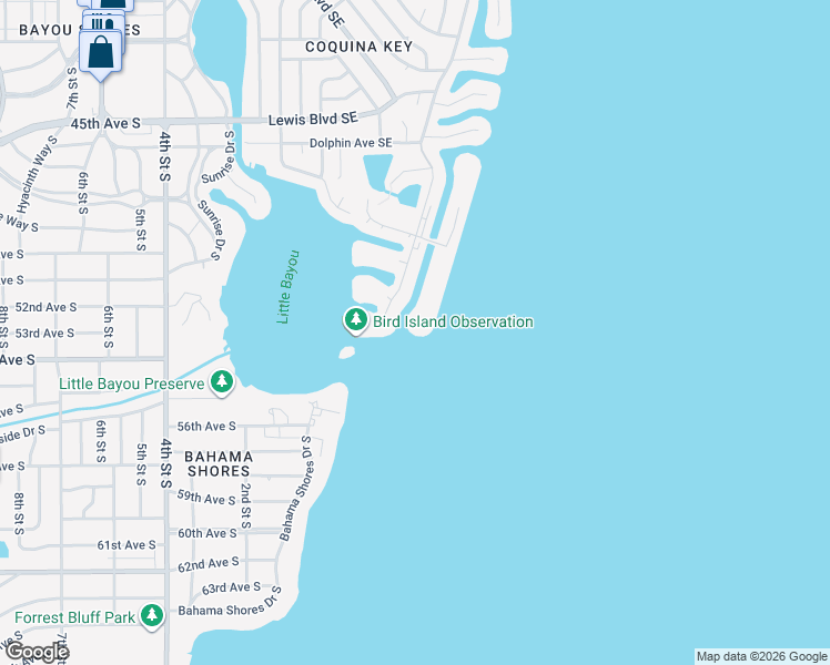 map of restaurants, bars, coffee shops, grocery stores, and more near 5285 Coquina Key Drive Southeast in St. Petersburg