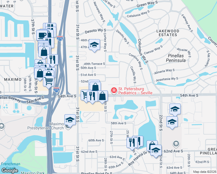 map of restaurants, bars, coffee shops, grocery stores, and more near 2751 54th Avenue South in St. Petersburg