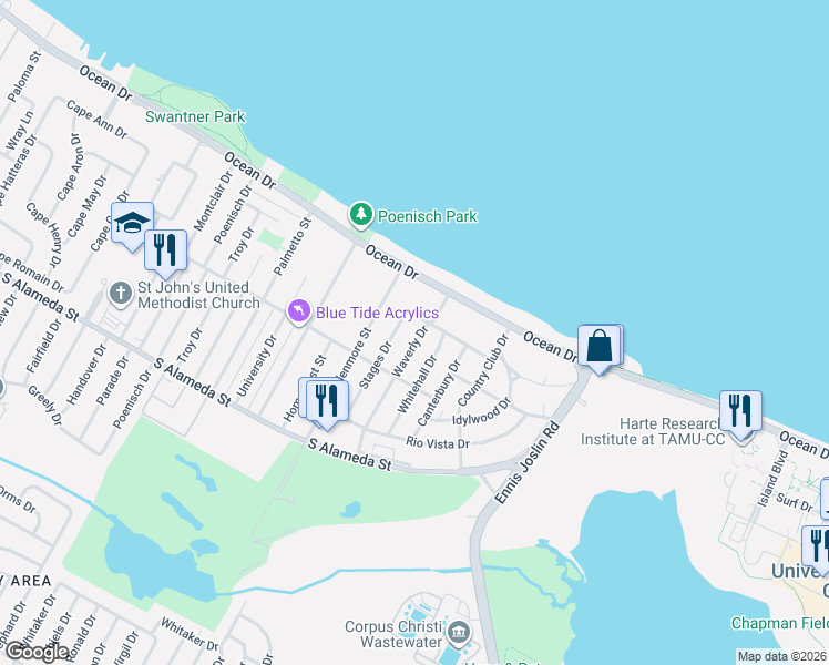 map of restaurants, bars, coffee shops, grocery stores, and more near 309 Waverly Drive in Corpus Christi